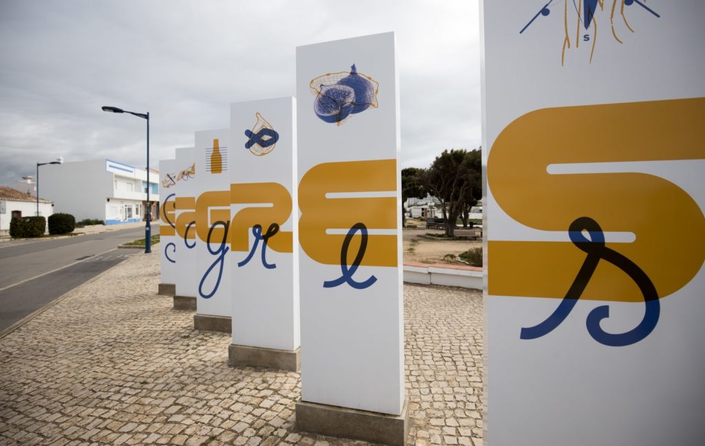 Sagres sign near a beach in Sagres, Portugal