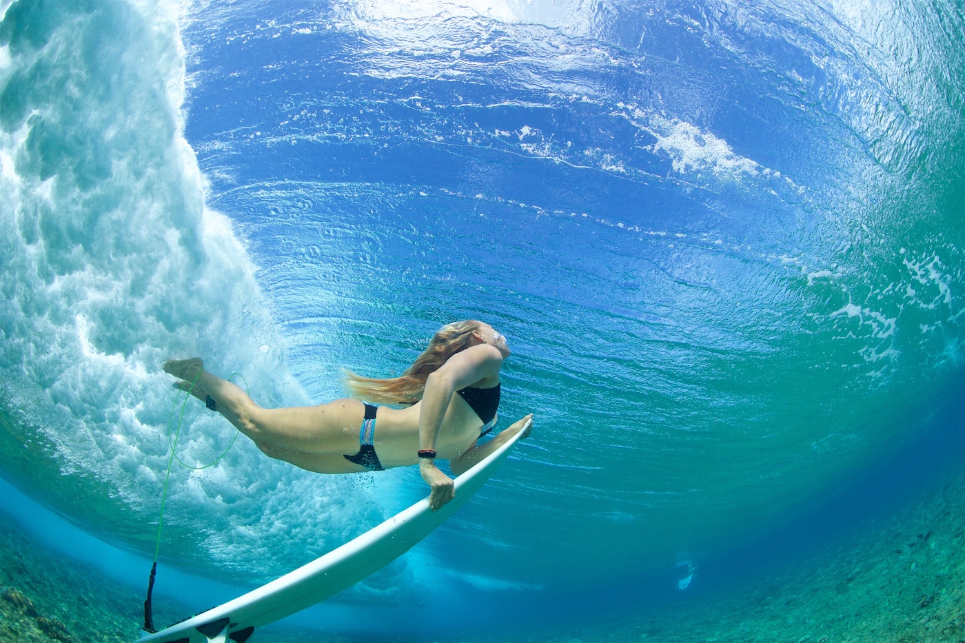 surfer duck dives under wave