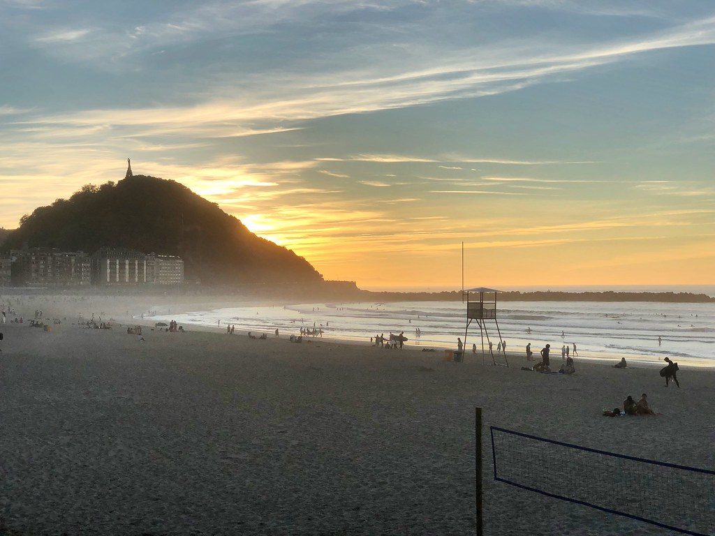 Sunset on Zurriola Surf Beach San Sebastian, Spain