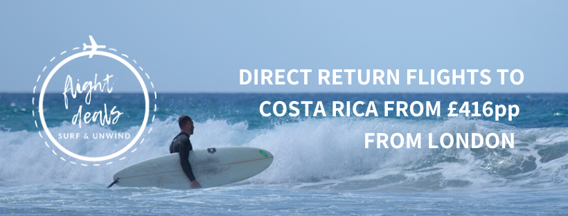 Surfer getting in the water with his surfboard Costa Rica flight deals logo